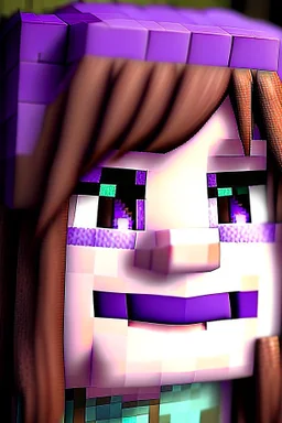 a close-up portrait of a purple Minecraft face, female,smile, cute,3d, large pixel style