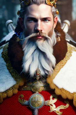 Detailed viking king, red hair, white leather armor, intricate details, full body portrait, keep head in frame, white Japanese motif, concept art, highly detailed, digital painting, concept art, sharp focus, illustration, art by Yoji Shinkawa, WLOP and greg rutkowski and alphonse mucha and artgerm and yanjun Chen and Junji ito and Makoto Shinkai, HDR, octane render