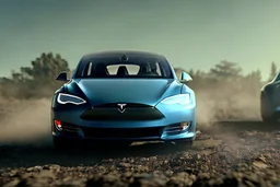 A Tesla 'Model Y' is going at a high speed, during the battle of "The War of the Worlds" (of H.G. Wells). (CINEMATIC, WIDE ANGLE LENS, PHOTO REAL)