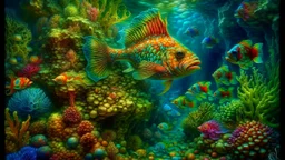 Radiant fish. Strange. Coral. And colorful stones .A vast underwater world with luminescent creatures and coral anatomy, fantasy, vibrant digital art professional award winning masterpiece, oil on canvas Atmospheric extremely detailed Josephine Wall