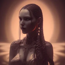 Wednesday with braids standing with her arms crossed, a character portrait, gothic art, goth, dark, hyper detail, octane render, unreal engine 5, photorealistic, 8k resulation