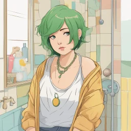 12 years old plus size girl, in the bathroom,necklace,looks exhausted, green short hair, colorful clothes, low cut,childish