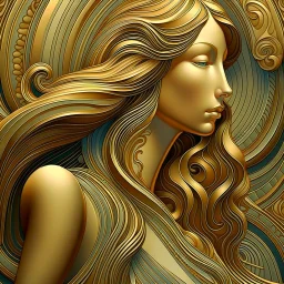 Painting of a woman with long hair, 3D curves and swirls in art deco style, hyperrealistic art deco gold mocha style 4k, art nouveau beauty woman, art deco painting, art nouveau style, art deco style, Elegant art nouveau style, exquisite digital illustration, modern art nouveau, art deco illustration, intricate art deco patterns