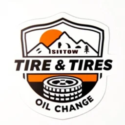 logo for a shop that installs tires and does oil changes, inside a shield shape, in the style of national parks stickers