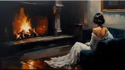 brunette woman with bob hair sitting by a fireplace while looking at a photograph :: by Robert McGinnis + Jeremy Mann + Carne Griffiths + Leonid Afremov, black canvas, clear outlining, detailed