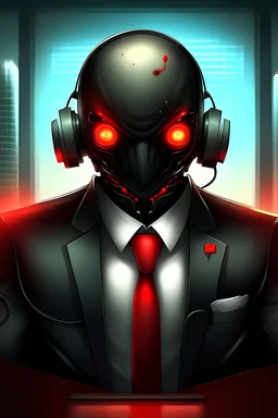 business suit, cyber ears, in office, cyber eyes, red eyes