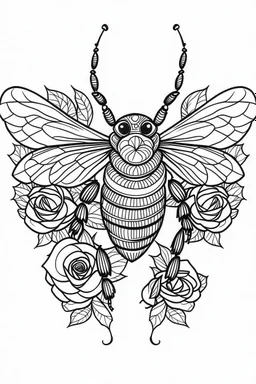 bee with rose idea, line art, background, vector, svg, black outline on white background, leave plenty of white space beetween lines for coloring, tattoo style, tattoo idea,full body, minimalist