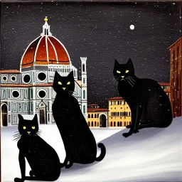 Painting of a very dark square in Florence in a stormy night. Brunelleschi cathedral in the back. Caravaggio style. A black cat is sitting in the snow.