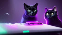 Cute black cat sitting on a gaming chair, in front of a gaming PC table, in a dark room with purple lights and gaming posters, atmospheric, gorgeous, realistic