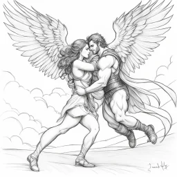 pencil sketch:: single line:: fantasy art, Jacob wrestling with angel.