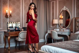 very beautiful sexy lady with beautful dark red midi skirt and blouse standing in a luxury bedroom with high heels next to makeup desk looking to camera