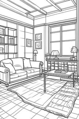 Outline art, simpl House interior design, sofa chair, cartoon style, thick lines, low details, --ar 9:11