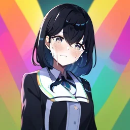 Clear focus,High resolution,High quality, 1girls, with color, anime girl with black hair with rainbow hair, crying in school, blur in the background, manga style