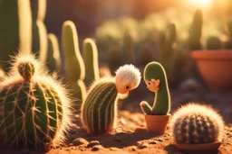 cacti garden, two cute fluffy chibi creatures, one kneeling and planting cacti, the other watching with arms folded in sunshine, ethereal, cinematic postprocessing, dof, bokeh