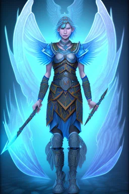 a person in runic armor with blue wings, blue short hair, runic tattoo and spell book