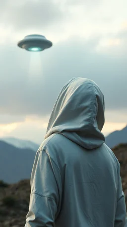 The creature from the the movie Prometheus with white hooded clothes looking at ufo in the sky