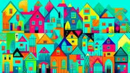 Colorful abstract houses with geometric shapes and patterns against a vibrant turquoise background