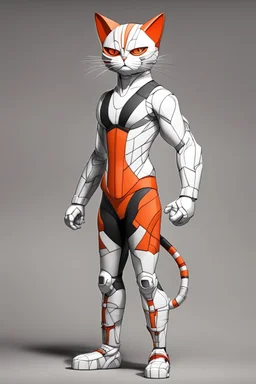 a technical drawing 3D of a manga cat man, red, white, black and Orange color, full body