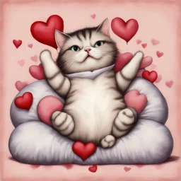 tubby frowny cat lying on its back with paws up on a stack of heart shaped pillows, pouty arrogant expression, whimsical, adorable, dramatic, Valentines day aesthetic, by Anne Geddes and Gary Baseman, ink illustration