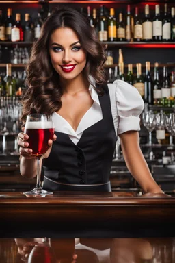 bartender girl with wavy skirt giving drink to drinker wine