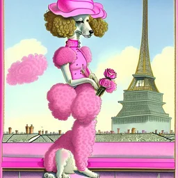 Vintage drawn illustration of a pink pink poodle with roses wearing a beret and smoking a cigarette on the rooftop of the Louvre, french illustration, storybook illustration, aubrey Beardsely, art deco motifs, highly detailed, color pencils, soft, vogue, french cartoon, editorial drawing,