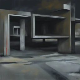 Minimal contemporary abstract oil-painting of desolate 1960s carpark with road markings and concrete fragments. Overlay with grungy typography graphics. style of Justin Mortimer and Francis Bacon.