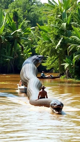 A giant Anaconda snake in the Amazon following a man on a boat