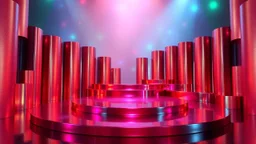 a 3D recursive stage structure made of metallic colors, pretty artistic background, dynamic lights