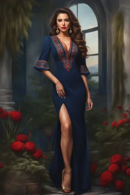 Full body view, ultra realistic illustration, beautiful ukrainian female, Sybil, age 25, long brunette wavy hair, brown detailed eyes, light makeup, red lipstick, wearing navy blue dress with sleeves, ultra realistic illustration, highly detailed accessories, digital painting, art station, concept art, sharp soft focus, illustration, 8k, 8 life size, big bossom, tight waist, nice hip, professional ominous concept art, by artgerm and greg rutkowski, an intricate, elegant, highly detailed digital