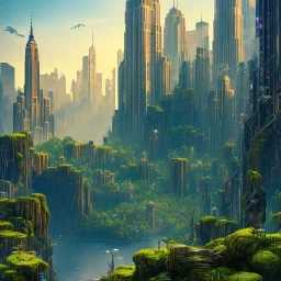 New York city turned into a dschungle, 8k, extremly detailled, nature, forest, broken city, stones, gras, cyberpunk, night, shining, black panther