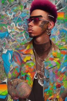 Rapper with glasses on, tattoos and piercings, afro hair and baggy pants. Graffiti wall in background