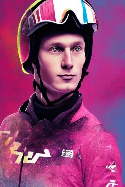 Portrait of Matti Nykänen skijumping. colorful. pink.