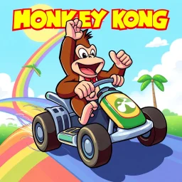 vector Cartoon Donkey Kong riding a rainbow in a kart