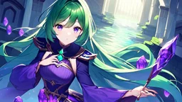 A girl with green hair touches a magical purple stone by the river