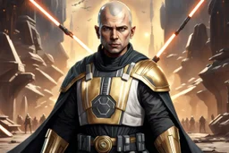 star wars bald male corellian jedi pilot wearing black and gunmetal grey old republic armored robes with gold trim, alone, battle-ready Jedi Master defending a ruined ancient city surrounded by golden light, centered head and shoulders portrait, hyperdetailed, dynamic lighting, hyperdetailed background, 8k resolution, volumetric lighting, light skin, fully symmetric details