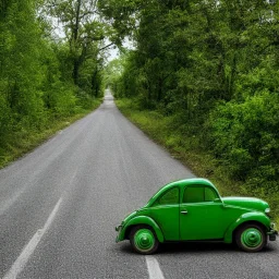 Um carro verde numa estrada antiga