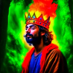 paint splatter, photorealism, an iranian hippie king hovering in the underground grove glowing light, in the style of escher, 8k, down-light, soft light, depth of field, photo realism, trending on art station, high detail, smoke and fog