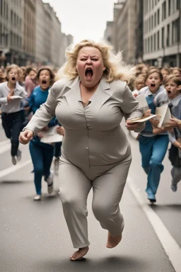 an obese terrified blonde woman crying and sobbing in a pant suit desperately running away from an angry mob of thousands of kids chase her down a city street while holding books