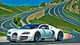 A sleek white shiny (((Bugatti veyron BMW))), its contours and details perfectly captured in a (((cinematic view))), zipping along a winding road under a beautiful blue sky