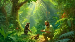 A realistic oil painting depicting a scientist conducting field work in a lush tropical rainforest, surrounded by vibrant flora and fauna. The sunlight filters through the canopy above, casting dappled shadows on the ground. The scientist is carefully collecting samples while a curious monkey looks on from a nearby tree. The colors are rich and the details are intricate, capturing the beauty and biodiversity of the rainforest.