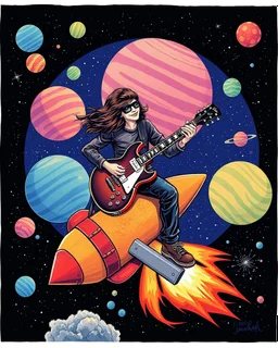 Rock and Roll Guitar Player playing a six string les paul guitar and Surfing on a Rocket in outer space with colorful planets around him in the style of Laurel Burch.