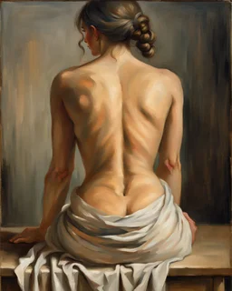 masterpiece classical academic oil painting, figurative study of a seated female figure viewed from behind, focus on anatomy, posture, and painterly texture, subject seated on a surface with a natural relaxed pose, torso slightly leaning forward the figure is partially draped in simple light fabric around the lower body and upper torso, arranged modestly, emphasizing form through light and shadow rather than exposure detailed back anatomy: visible shoulder blades, natural spine curvature, soft m