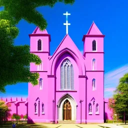 concept art, concept design, decor, photorealistic, high quality, cinematic, cathedral church building with pink walls, church exterior, pink exterior, walls made of silk, aesthetic, countryside landscabe bqckground, natural blue sky