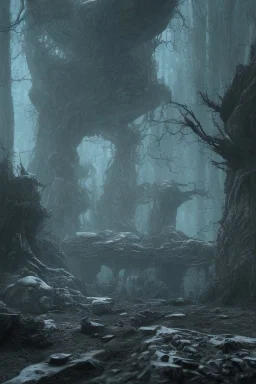 A spooky wasteland 8k, bas-relief, extraterrestrial, ethereal, eerie, with jagged rocks, cinematic 4d