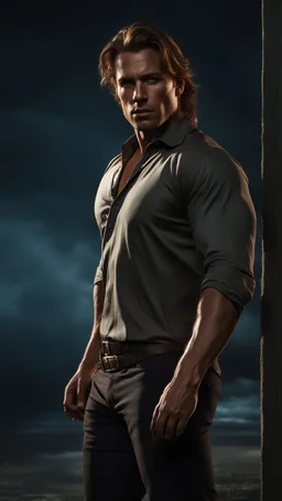 muscular 35 year old male with messy medium length light brown hair, slight upward curve of his lips, wearing a loose fitting shirt, photorealistic, dark fantasy, outside scene