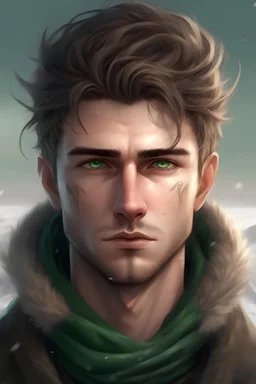 A picture of a young man without a beard with a smooth face and green eyes and devilish hair looking forward half of his face is in the south boiling with heat and all the emptiness behind seems to be the desert and the other half of his face is in the frozen north and behind you see snow