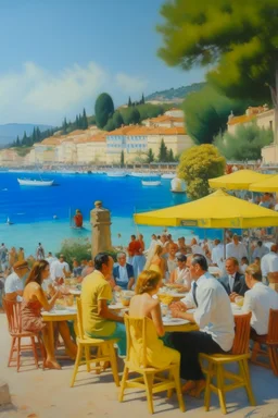 cote d'azur tarras with people eating painting neoclassism