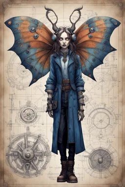 Jean-Baptiste Monge style hand drawn technical,full body portrait illustration , with detailed blueprints and engineering schematics of a walking hybrid Atlas moth insect goth girl, with highly detailed facial features with multi cellular eyes, drawings, and technical notation, 8k, vibrant natural colors