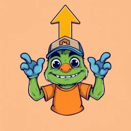 cartoon monster wearing a ballcap and T-shirt holding an directional arrow overhead with both hands, on solid color background