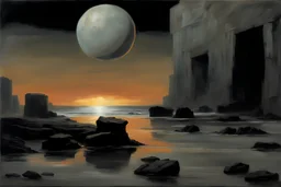 Dark Grey sky, one exoplanet in the horizon, lagoon, cliffs, rocky land, rocks, 2000's sci-fi movies influence, cosmic future influence, trascendent, intergalactic influence, friedrich eckenfelder and alfred stevens impressionism paintings
